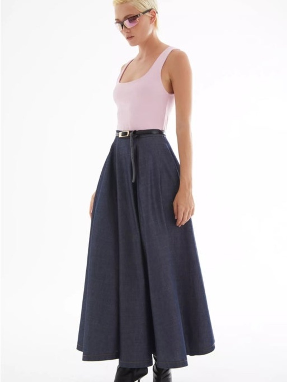 High-Waist Full-Length Denim Maxi Skirt in Dark Blue Denim